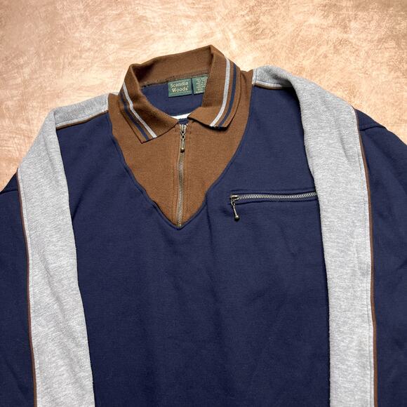 Vintage 90s Scandia Woods Quarter Zip Sweatshirt Navy Brown Long Sleeve Gorpcore - Picture 5 of 7
